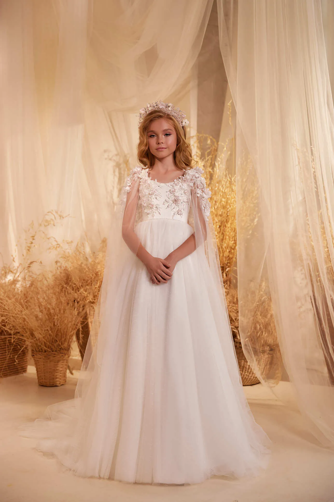 3624 London Flower Girl Dress with a Lace Cape