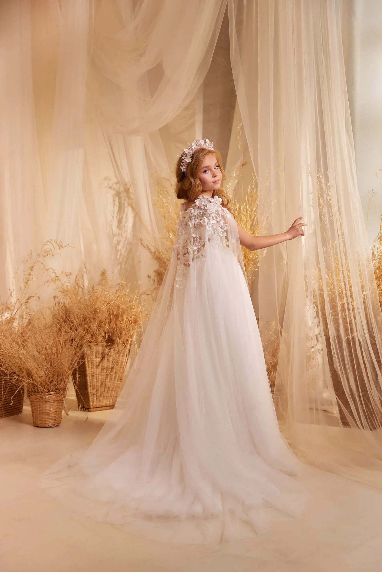 3624 London Flower Girl Dress with a Lace Cape
