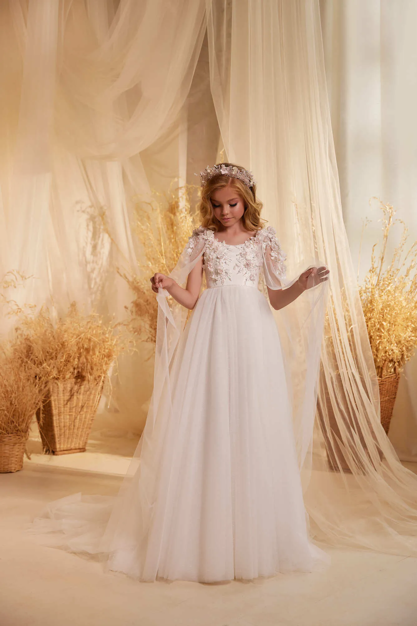 3624 London Flower Girl Dress with a Lace Cape
