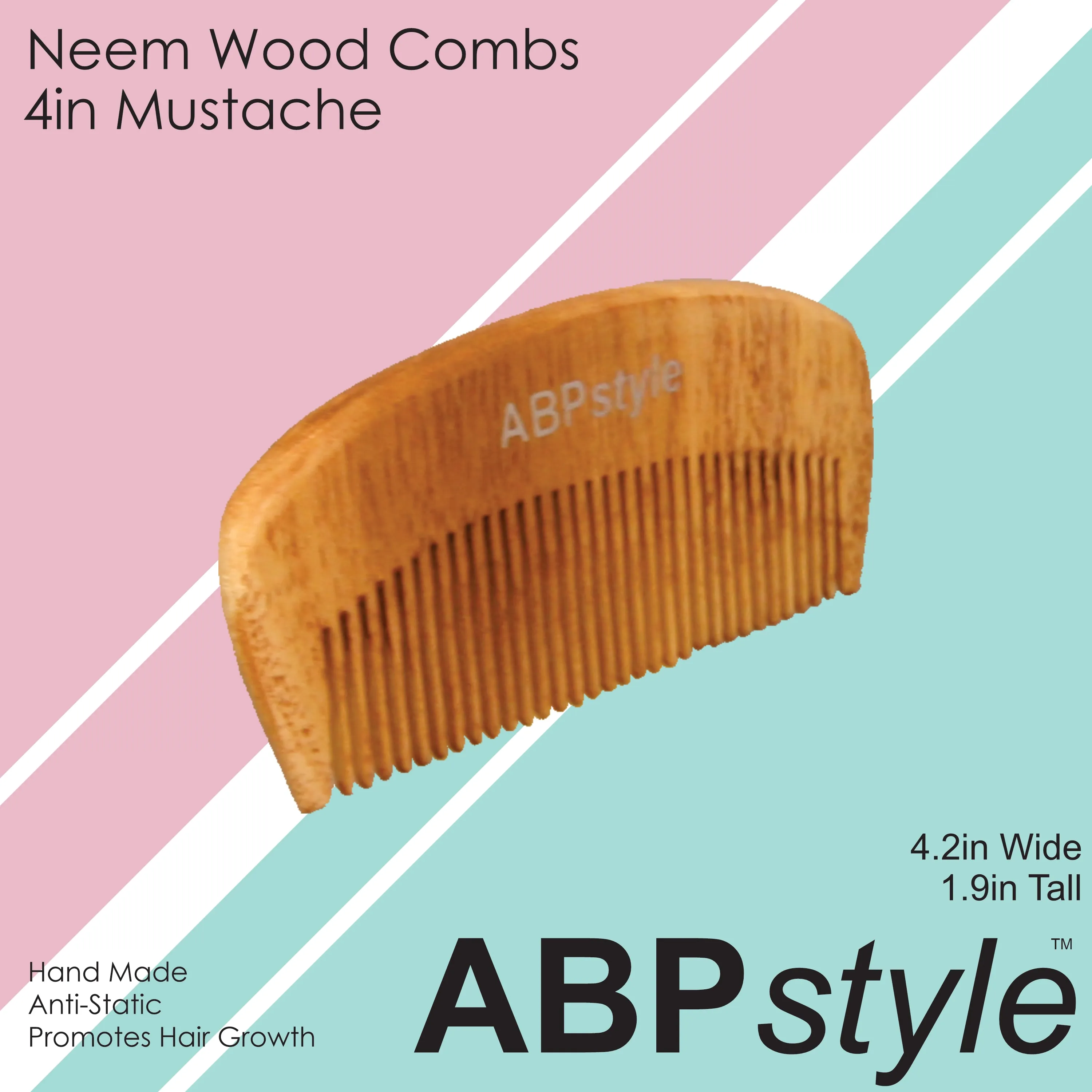 ABPStyle, 4in Neem Wood Mustache Comb. Anti-Static, Damage Free, Promotes Hair Growth, Environmentally Friendly