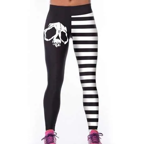 Active Elastic Waist Striped Skull Print Women's Leggings - White And Black One Size(fit Size Xs To M)