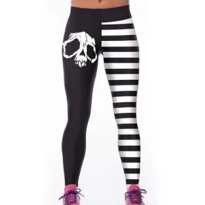 Active Elastic Waist Striped Skull Print Women's Leggings - White And Black One Size(fit Size Xs To M)