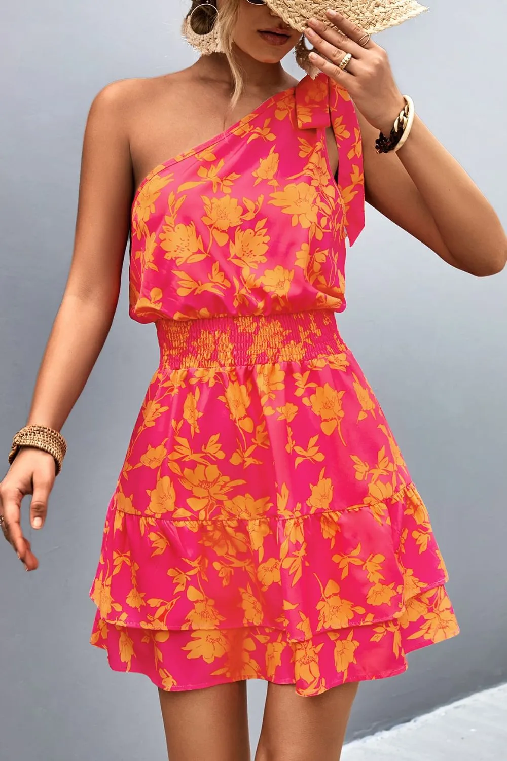Almira - One-shoulder honeycomb dress, printed and ruffled