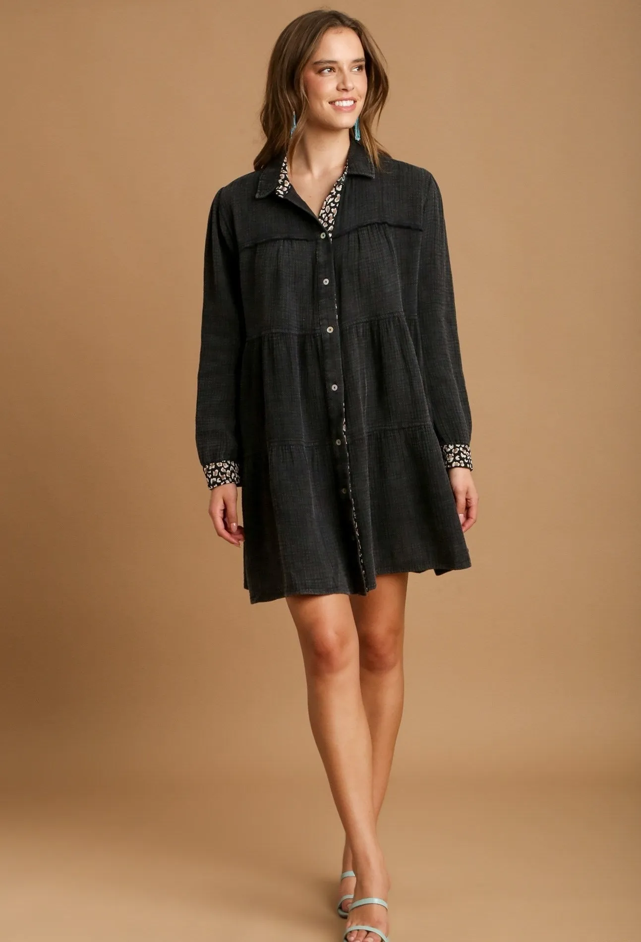 Ash Gray Mineral Wash Cotton Gauze Tiered Dress