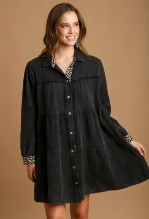 Ash Gray Mineral Wash Cotton Gauze Tiered Dress