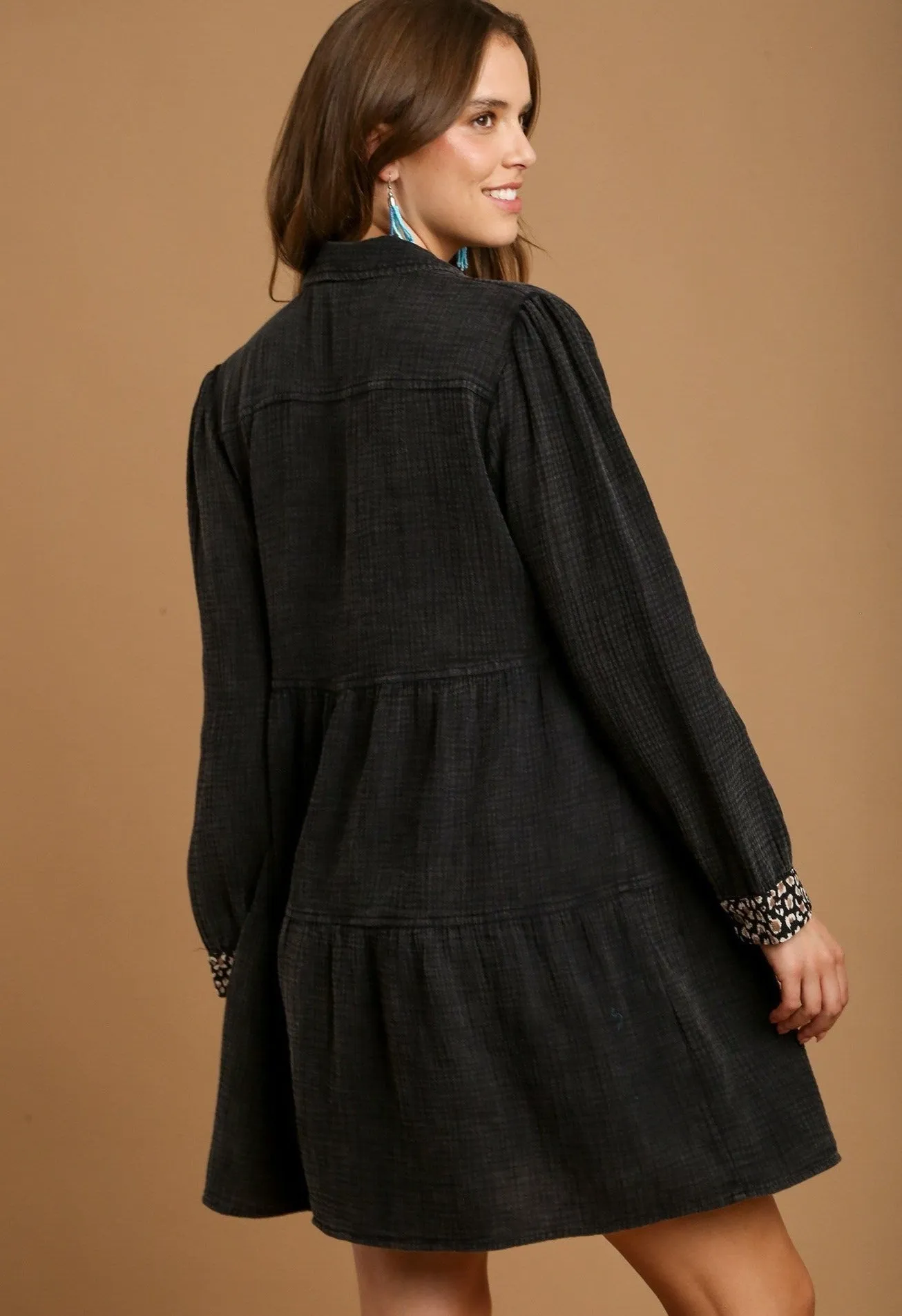 Ash Gray Mineral Wash Cotton Gauze Tiered Dress