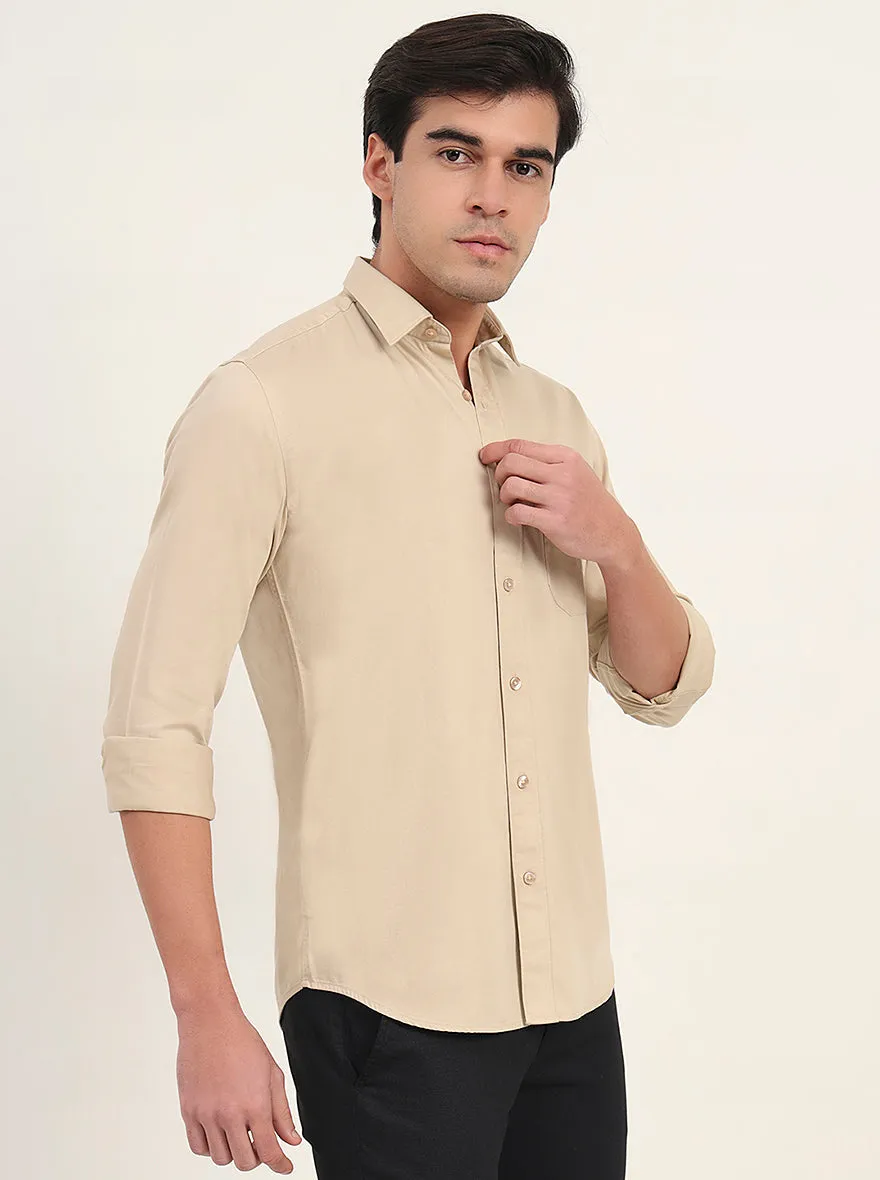 Beige Solid Slim Fit Semi Casual Shirt | Greenfibre