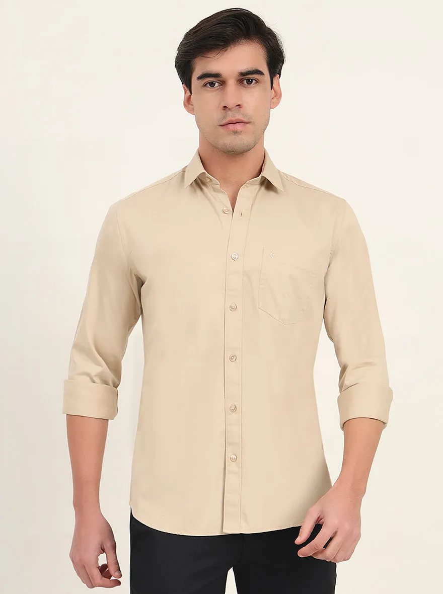 Beige Solid Slim Fit Semi Casual Shirt | Greenfibre