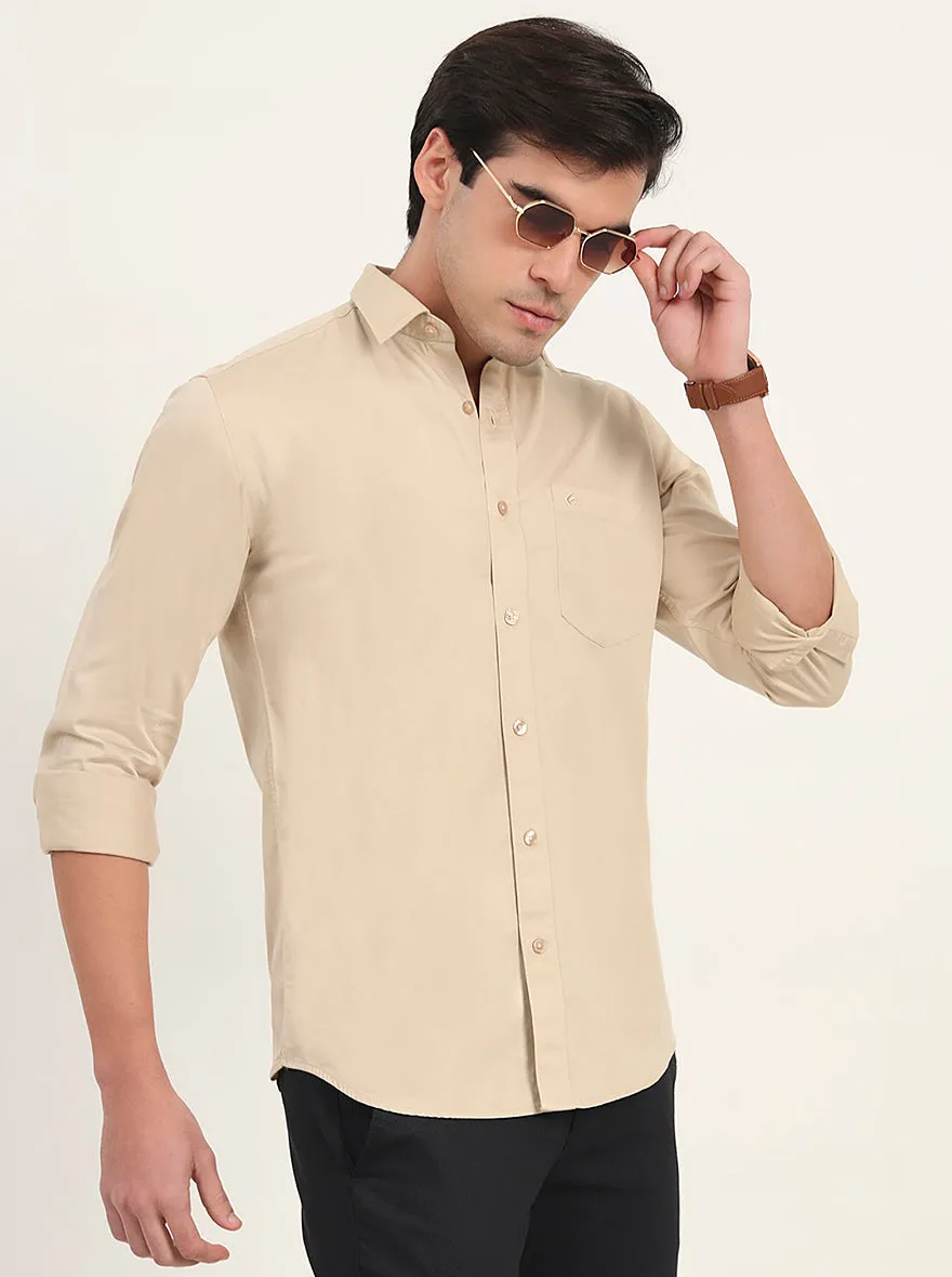 Beige Solid Slim Fit Semi Casual Shirt | Greenfibre
