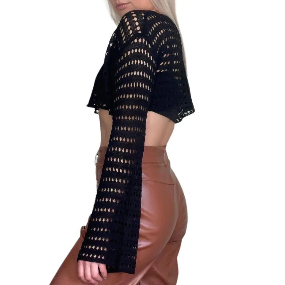 Black Open Knit Cropped Long Sleeve Jumper