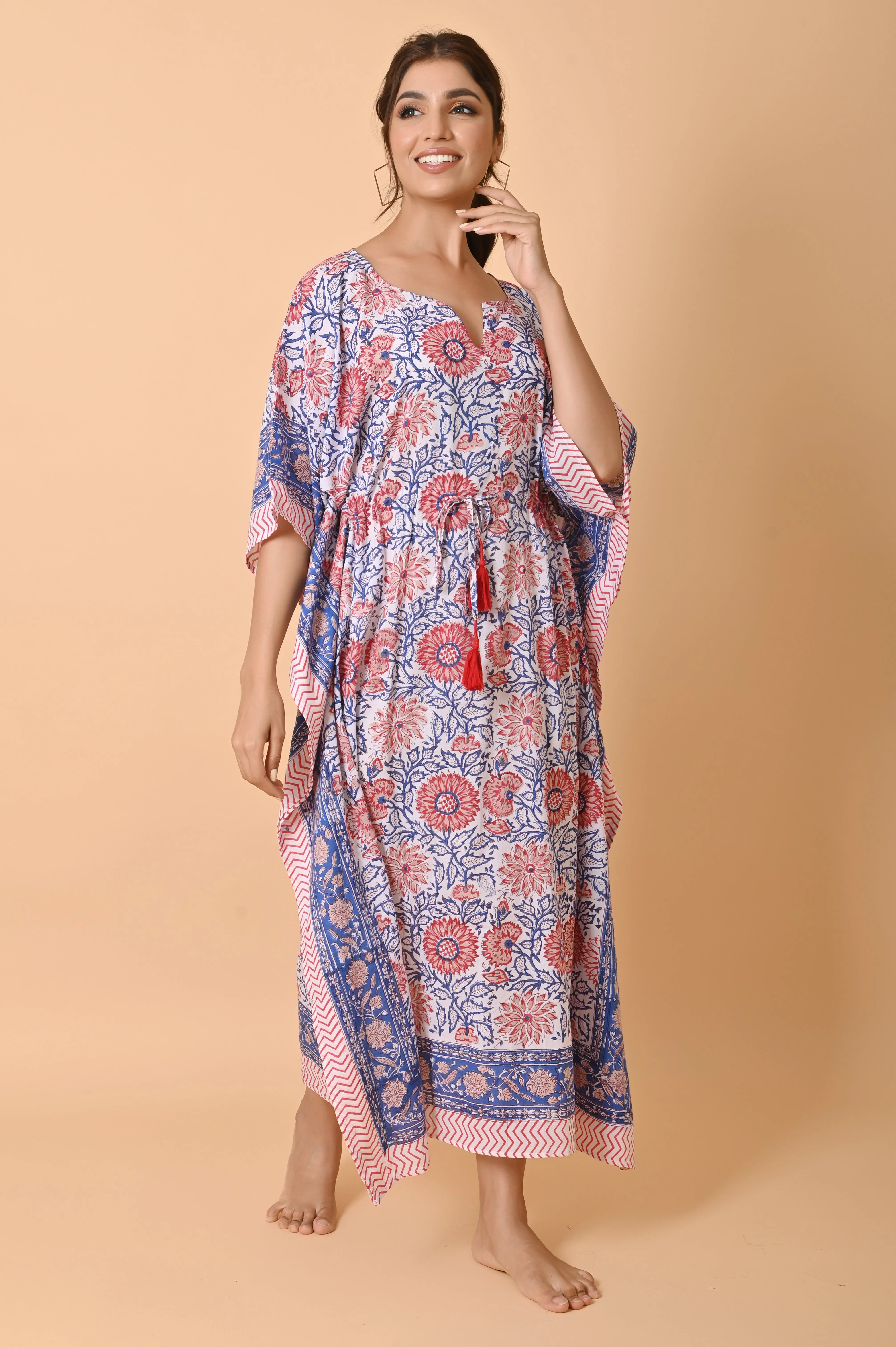 Block Print Cotton Long Bohemian Kaftan Dress