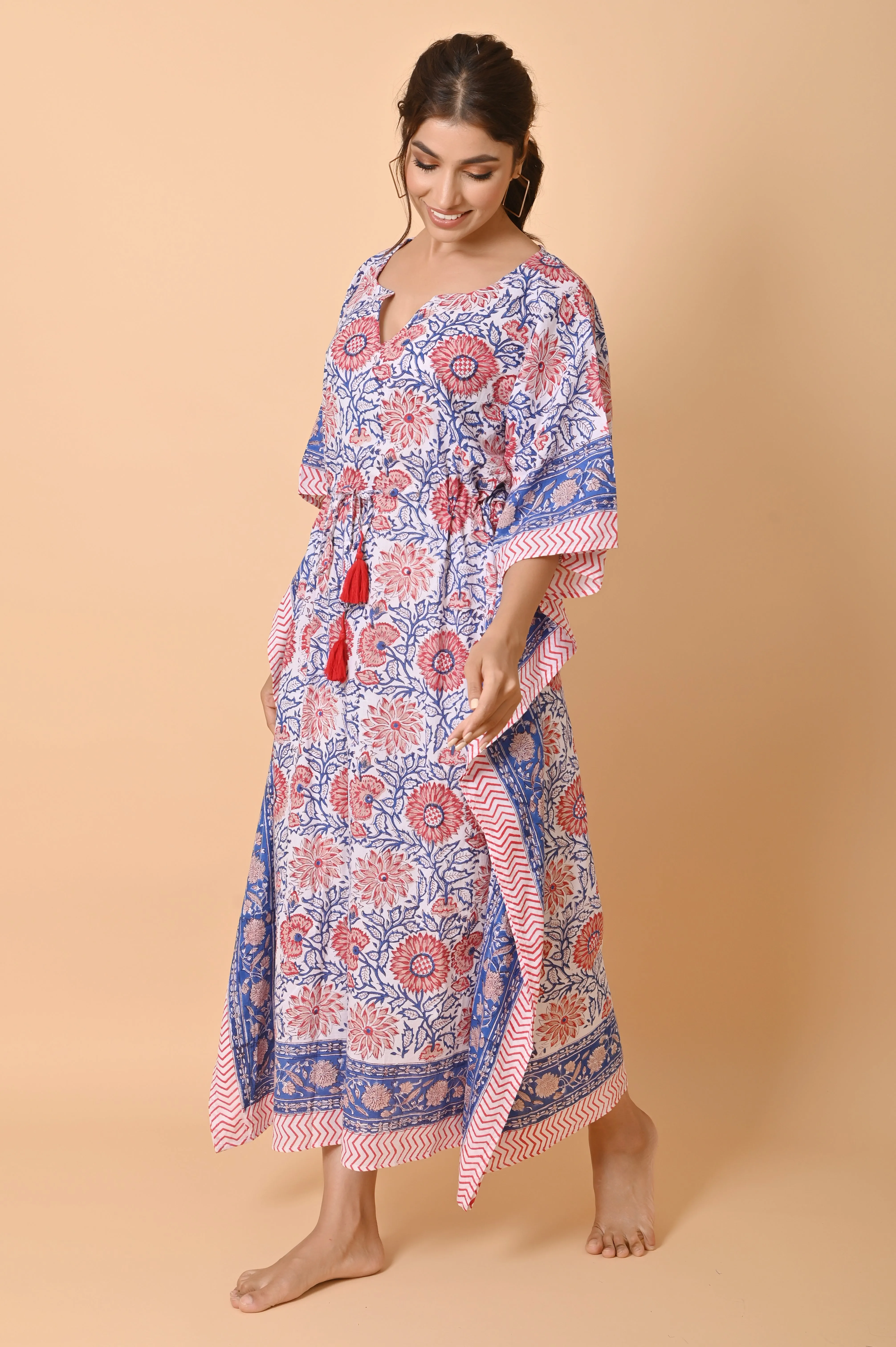 Block Print Cotton Long Bohemian Kaftan Dress