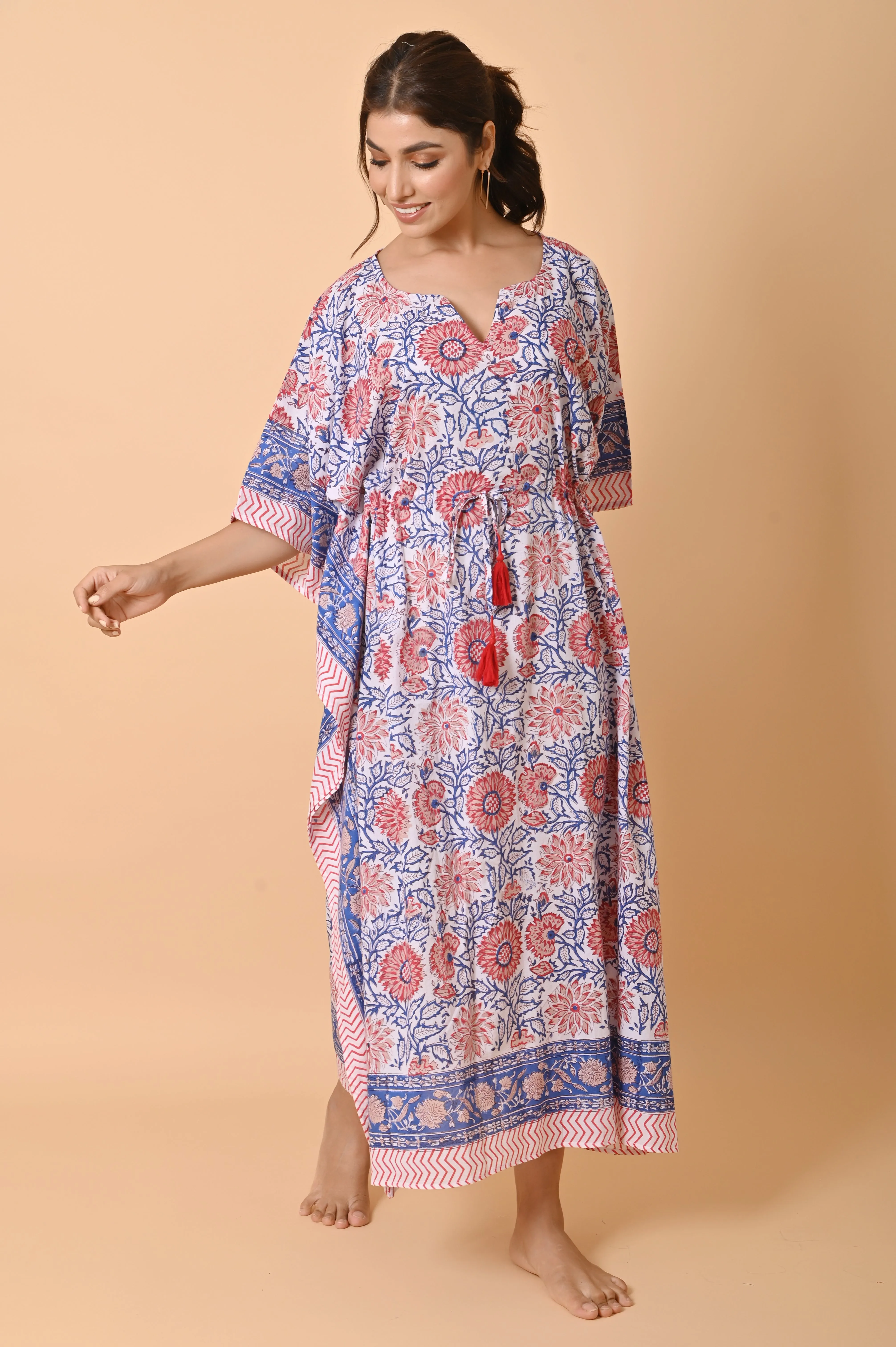 Block Print Cotton Long Bohemian Kaftan Dress