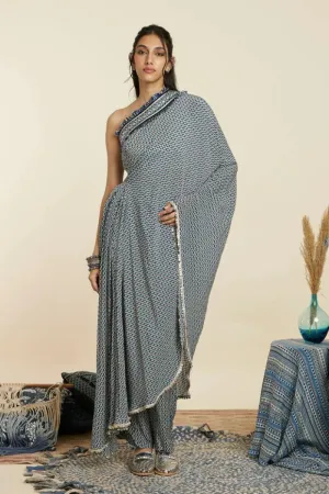 BLUE GEOMETRIC PRINT ONE SHOULDER SAREE WITH PANTS