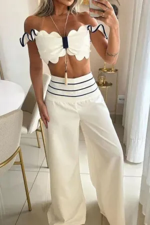 Bow short top wide leg pant suit