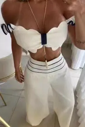 Bow short top wide leg pant suit