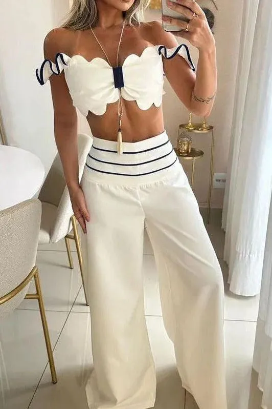 Bow short top wide leg pant suit