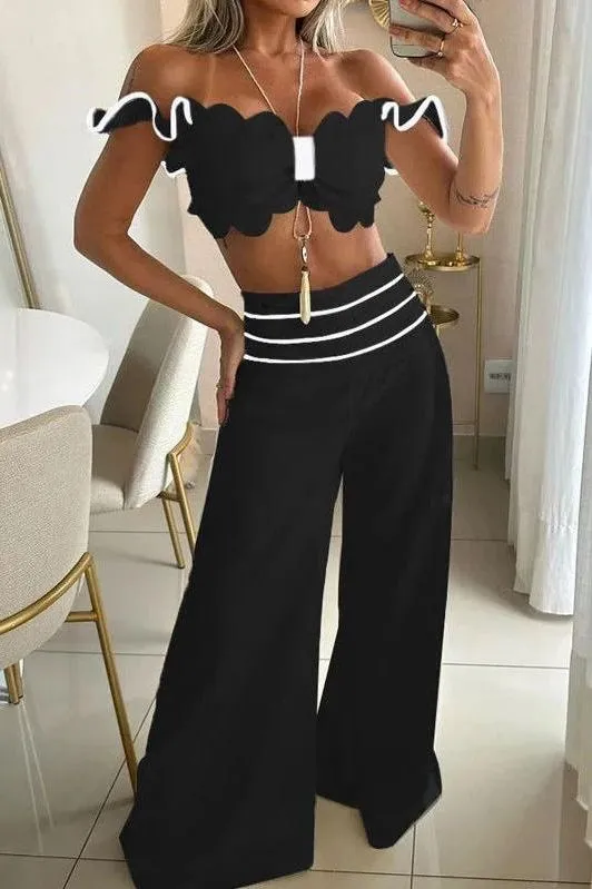 Bow short top wide leg pant suit