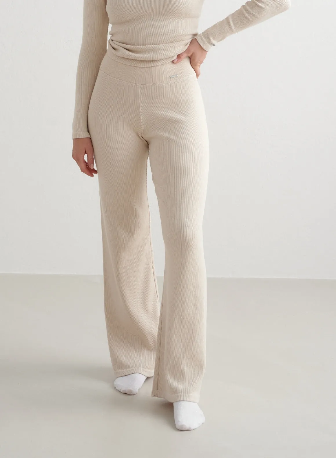Café Au Lait Ribbed Wool Wide Pants