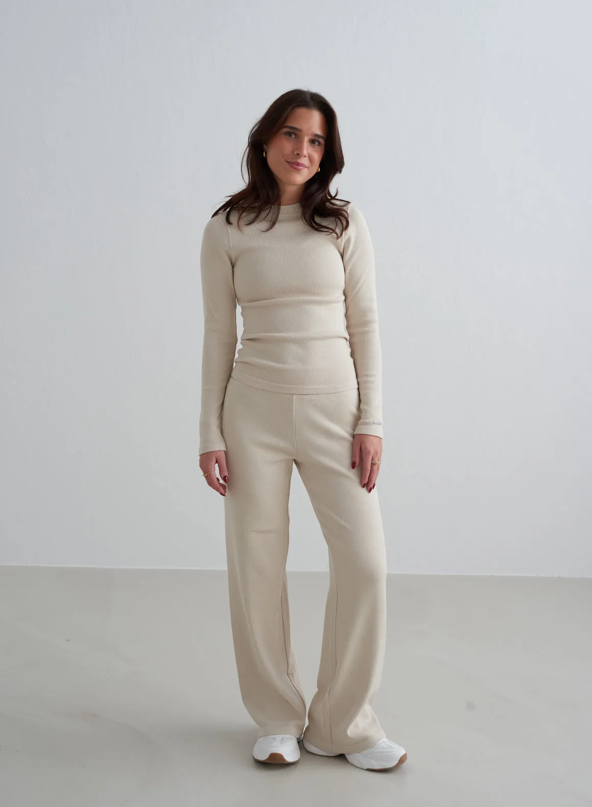 Café Au Lait Ribbed Wool Wide Pants