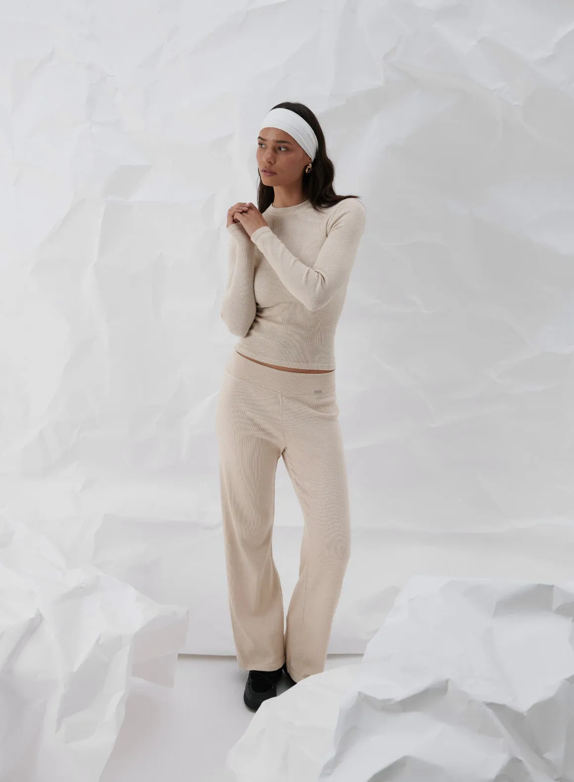 Café Au Lait Ribbed Wool Wide Pants