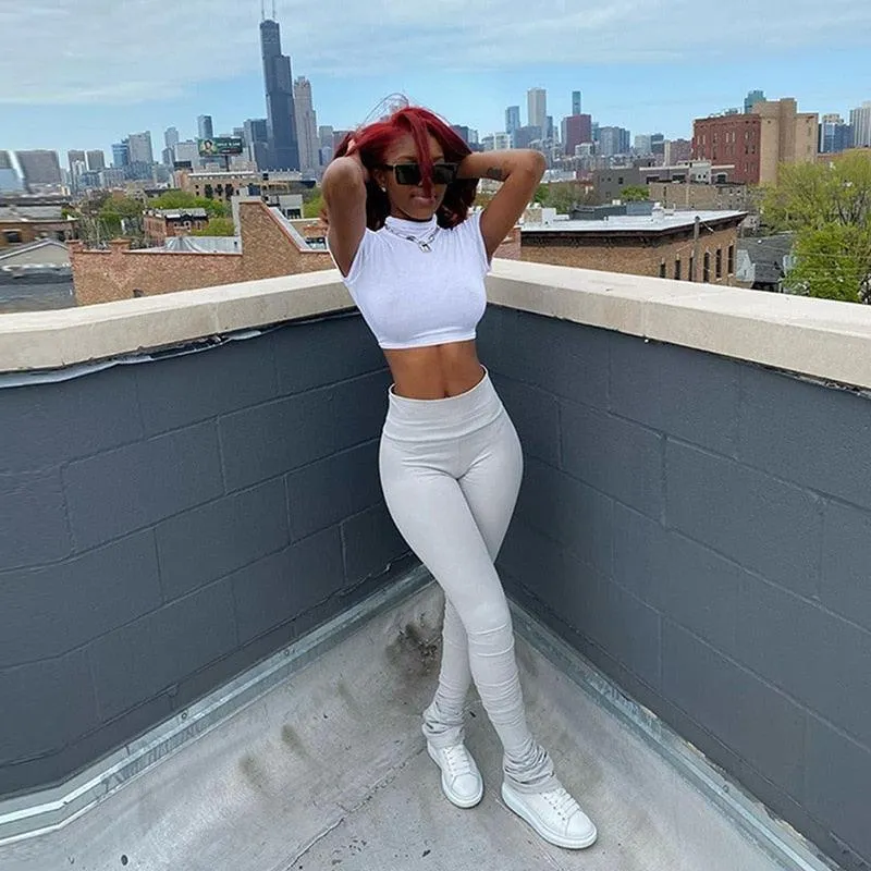 Casual High-Waist Sweatpants Leggings with Solid Ruched Stacked Design
