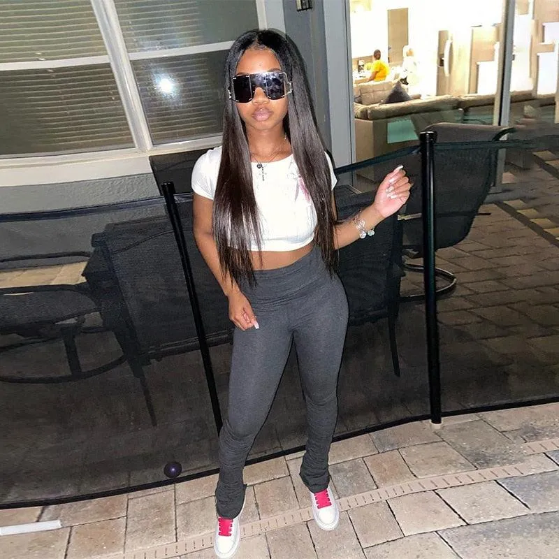 Casual High-Waist Sweatpants Leggings with Solid Ruched Stacked Design