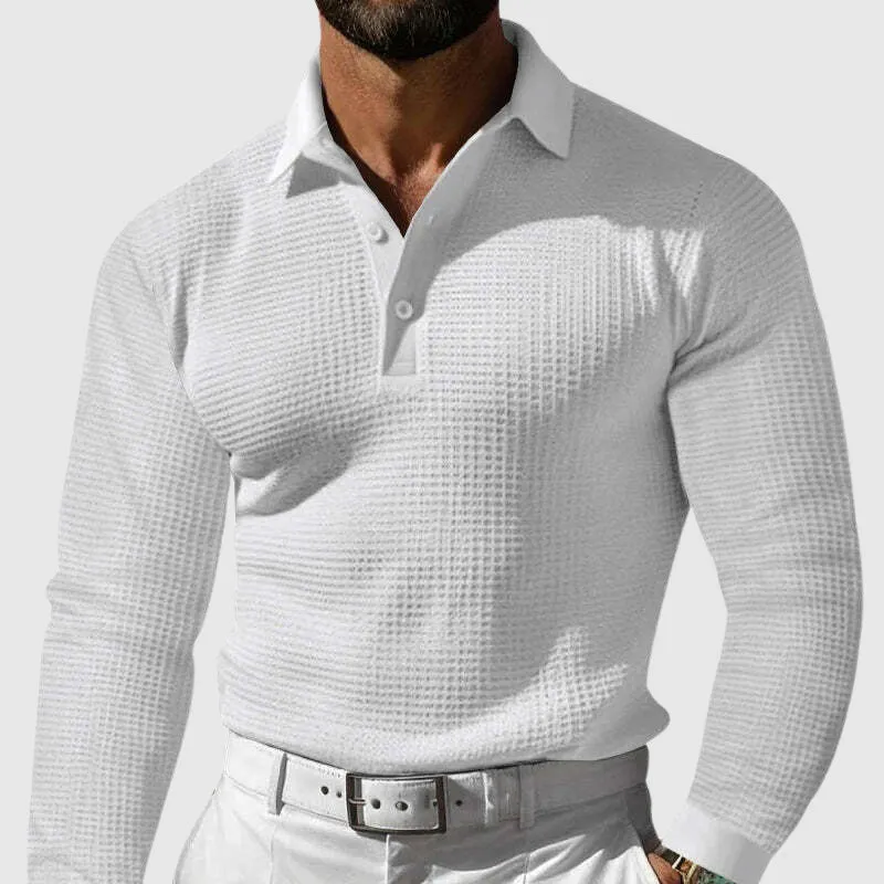 Casual Long Sleeve Waffle Knit Polo Shirt for Men