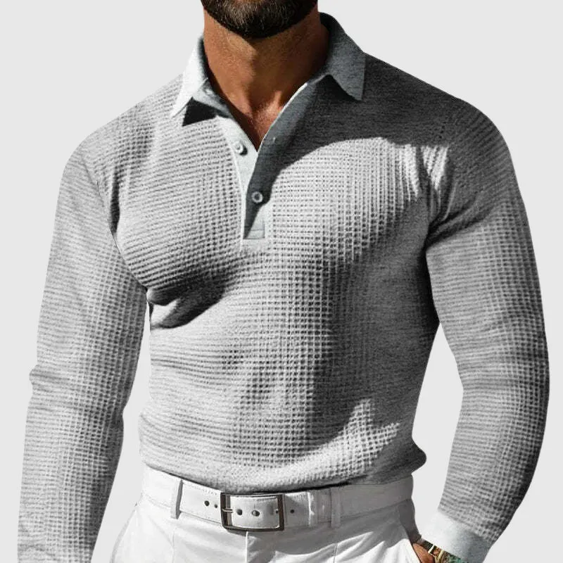 Casual Long Sleeve Waffle Knit Polo Shirt for Men
