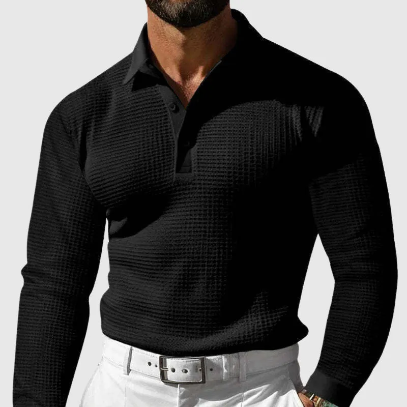 Casual Long Sleeve Waffle Knit Polo Shirt for Men