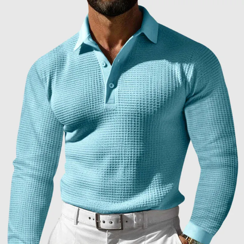 Casual Long Sleeve Waffle Knit Polo Shirt for Men