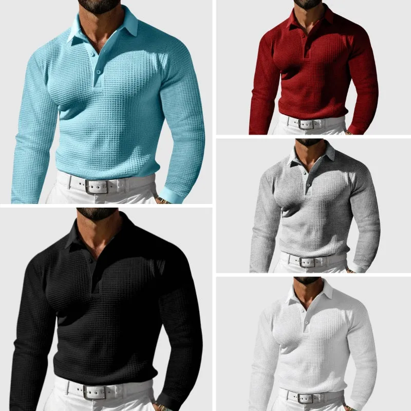 Casual Long Sleeve Waffle Knit Polo Shirt for Men
