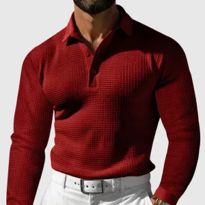 Casual Long Sleeve Waffle Knit Polo Shirt for Men