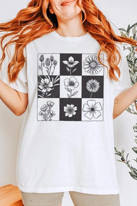 Checkered Boho Flower Graphic Heavy Cotton Tee
