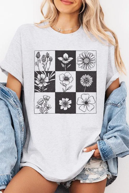 Checkered Boho Flower Graphic Heavy Cotton Tee