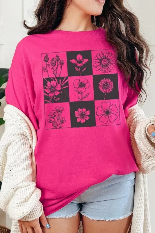 Checkered Boho Flower Graphic Heavy Cotton Tee
