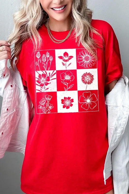 Checkered Boho Flower Graphic Heavy Cotton Tee