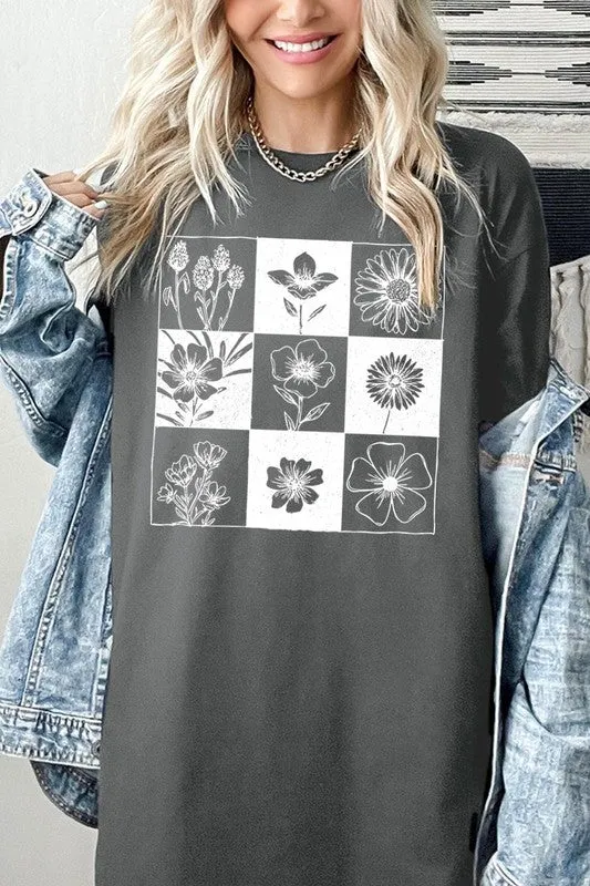 Checkered Boho Flower Graphic Heavy Cotton Tee