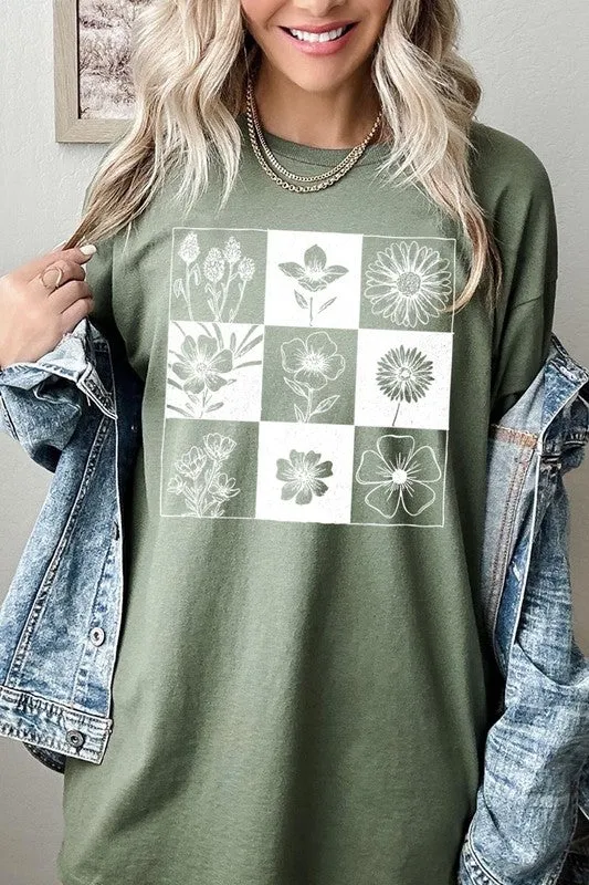 Checkered Boho Flower Graphic Heavy Cotton Tee
