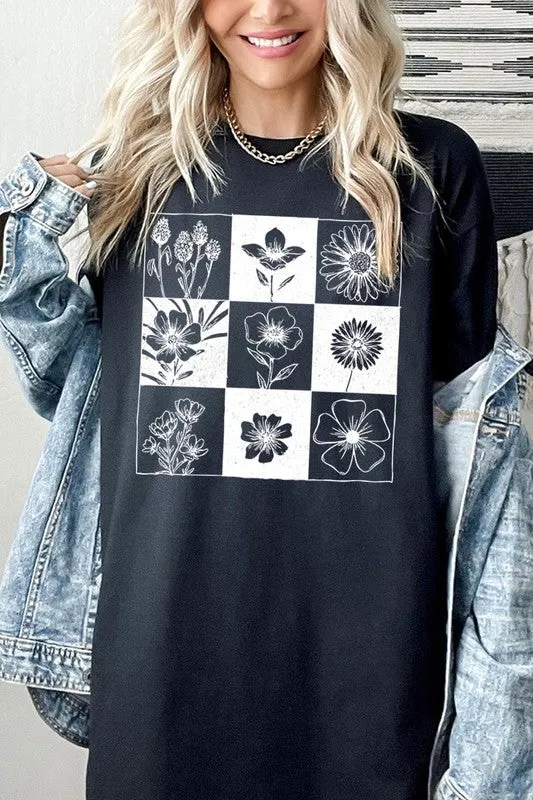Checkered Boho Flower Graphic Heavy Cotton Tee
