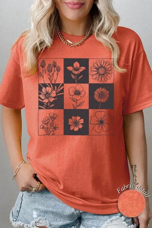 Checkered Boho Flower Graphic Heavy Cotton Tee