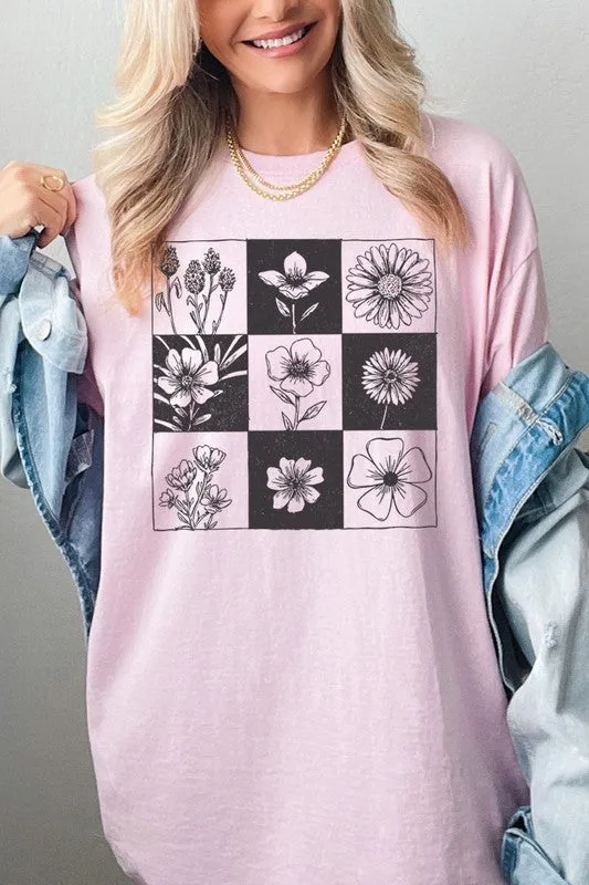 Checkered Boho Flower Graphic Heavy Cotton Tee