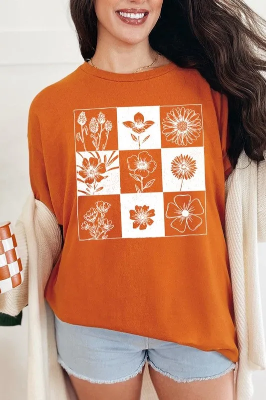 Checkered Boho Flower Graphic Heavy Cotton Tee