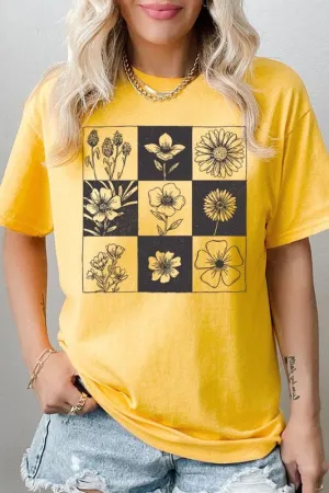 Checkered Boho Flower Graphic Heavy Cotton Tee