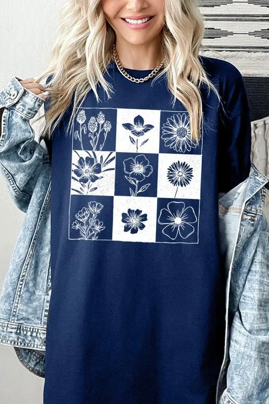 Checkered Boho Flower Graphic Heavy Cotton Tee