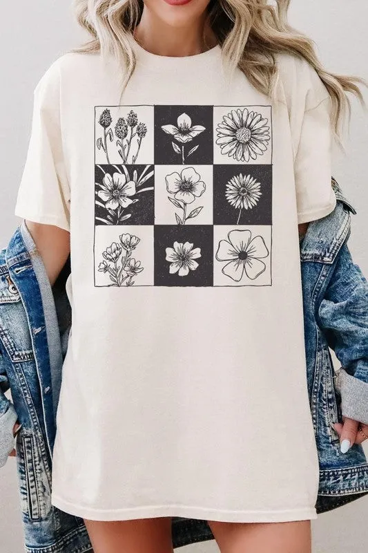 Checkered Boho Flower Graphic Heavy Cotton Tee