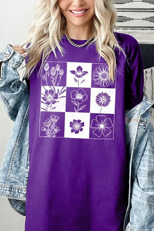 Checkered Boho Flower Graphic Heavy Cotton Tee