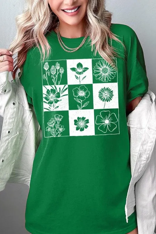 Checkered Boho Flower Graphic Heavy Cotton Tee