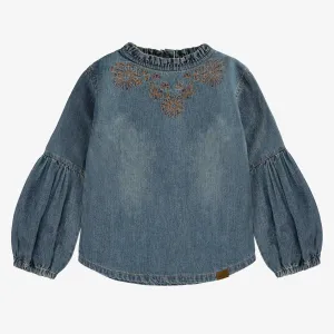 Chemise à manches longues avec broderies en denim léger, bleu moyen, enfant || Long-sleeved shirt with light denim embroidery, medium blue, child