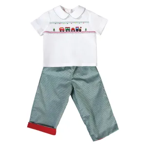 Christmas Train Smocked White Shirt & Green Gingham Pants